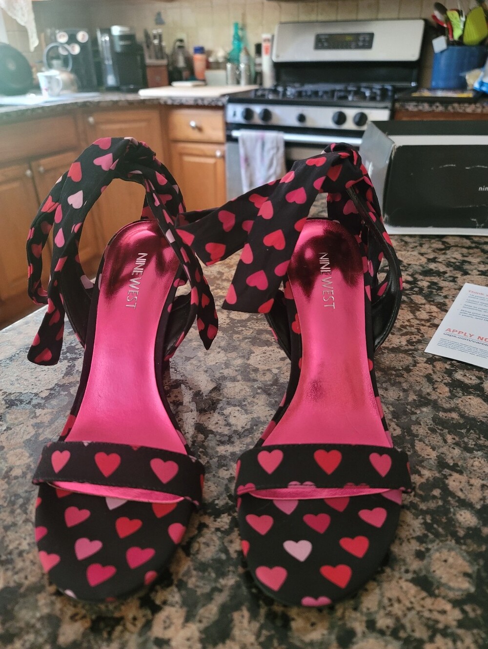 Nine West Black Sandals with Pink Heart Print